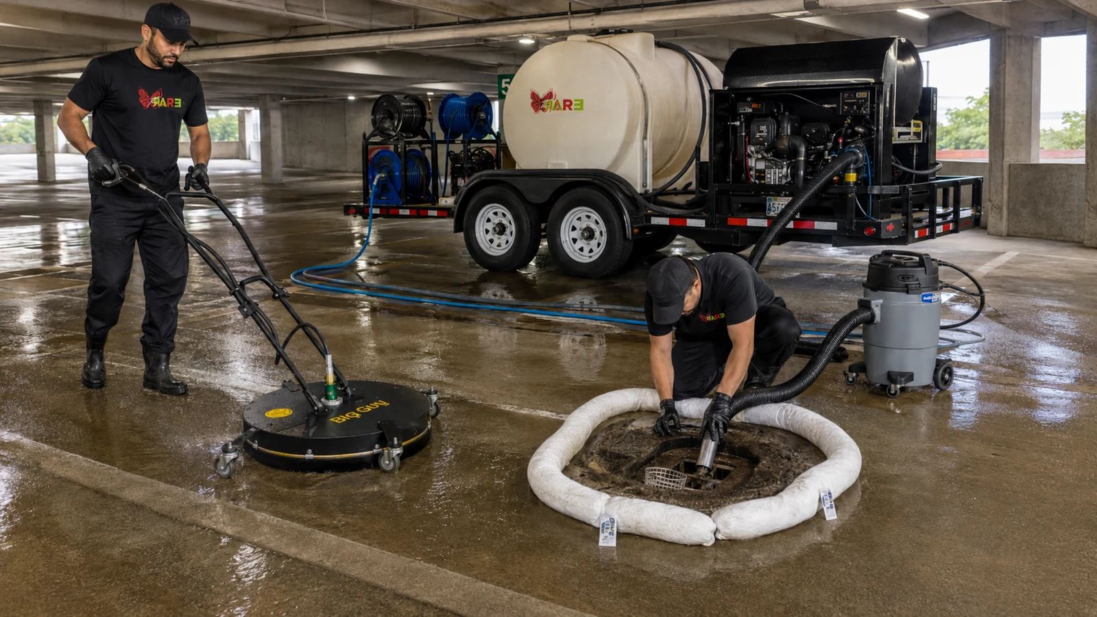 Two crew on an occupied deck level, one running a surface cleaner across the slab and the other vacuum recovering wash water at a drain ringed with absorbent socks