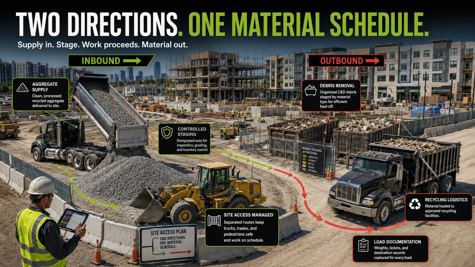 A managed construction site with inbound recycled aggregate delivery and staging on one side and outbound debris removal sorted by material type on the other, with load documentation captured for every truck