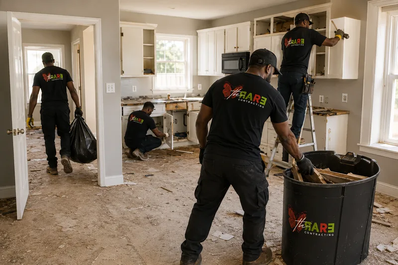 Crew stripping an apartment kitchen during an active unit turn, cabinets out and debris bagged