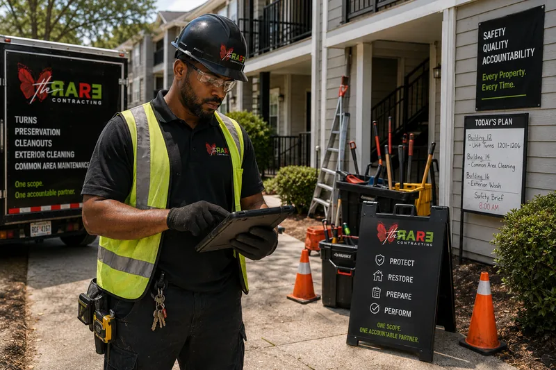 Supervisor in hard hat, safety glasses and high visibility vest reviewing the day plan on a tablet at an apartment community