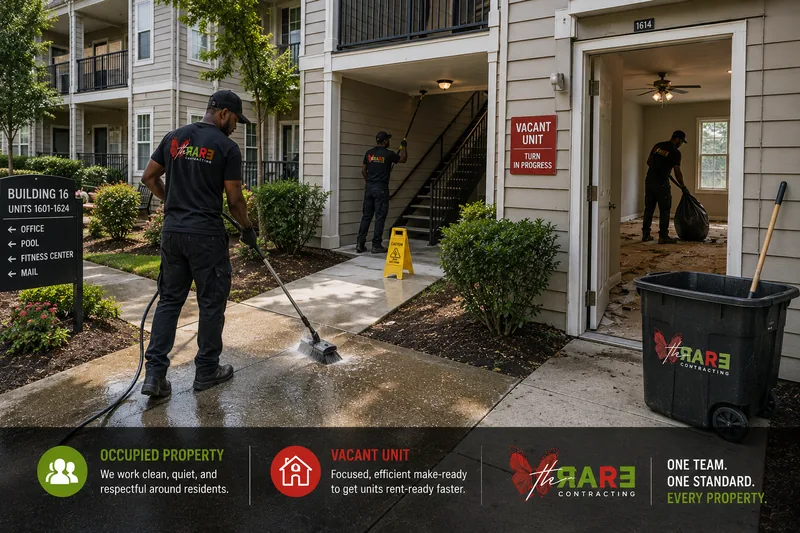 Occupied property common area being cleaned while a vacant unit is cleared for make ready