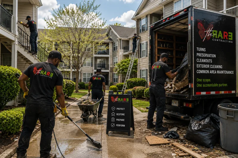 Crew running exterior cleaning, debris removal and unit clearing at an apartment community on a single visit