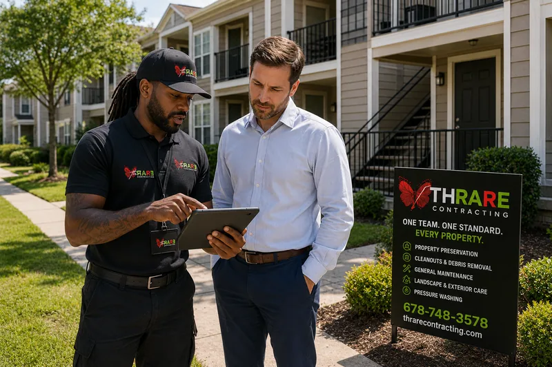 Thrare representative walking a property manager through the scope on a tablet outside an apartment building