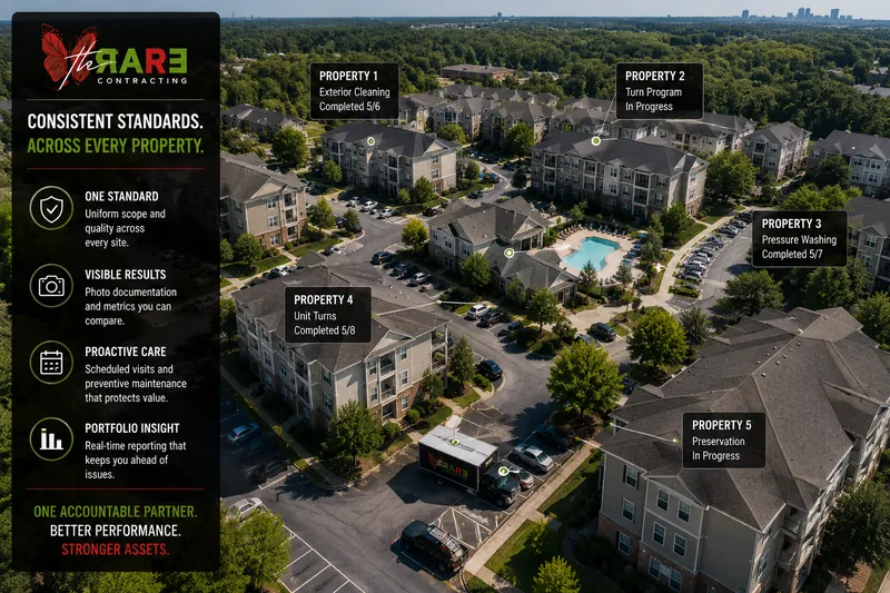 Aerial view of a multifamily community with several buildings running under one service program