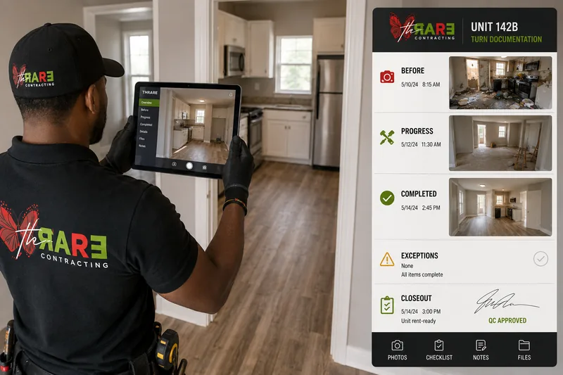Field technician photographing and logging turn progress on a tablet inside an apartment unit