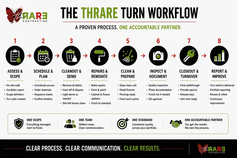Diagram of the eight stage turn workflow from assess and scope through to report and improve