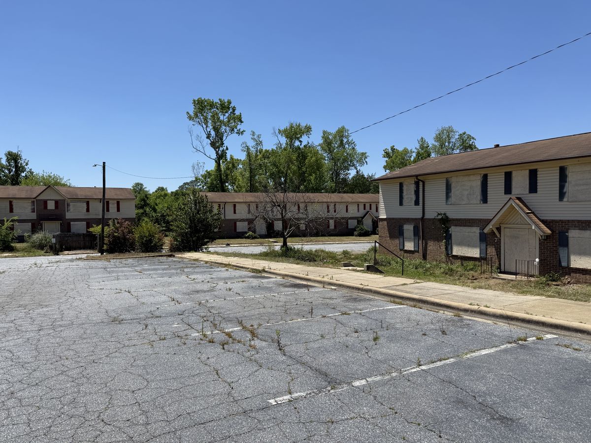 Wide view of secured apartment complex
